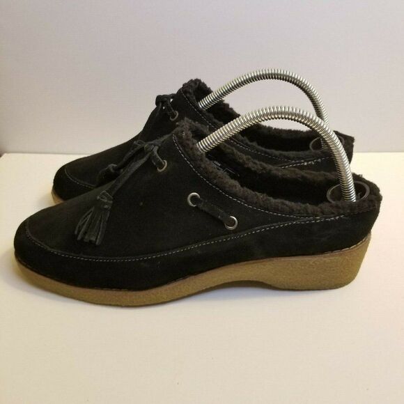 Lands End Womens Size 9 (B) Black Slip On Clog Sueded Sherpa Lined Shoes 432806 - Picture 1 of 7